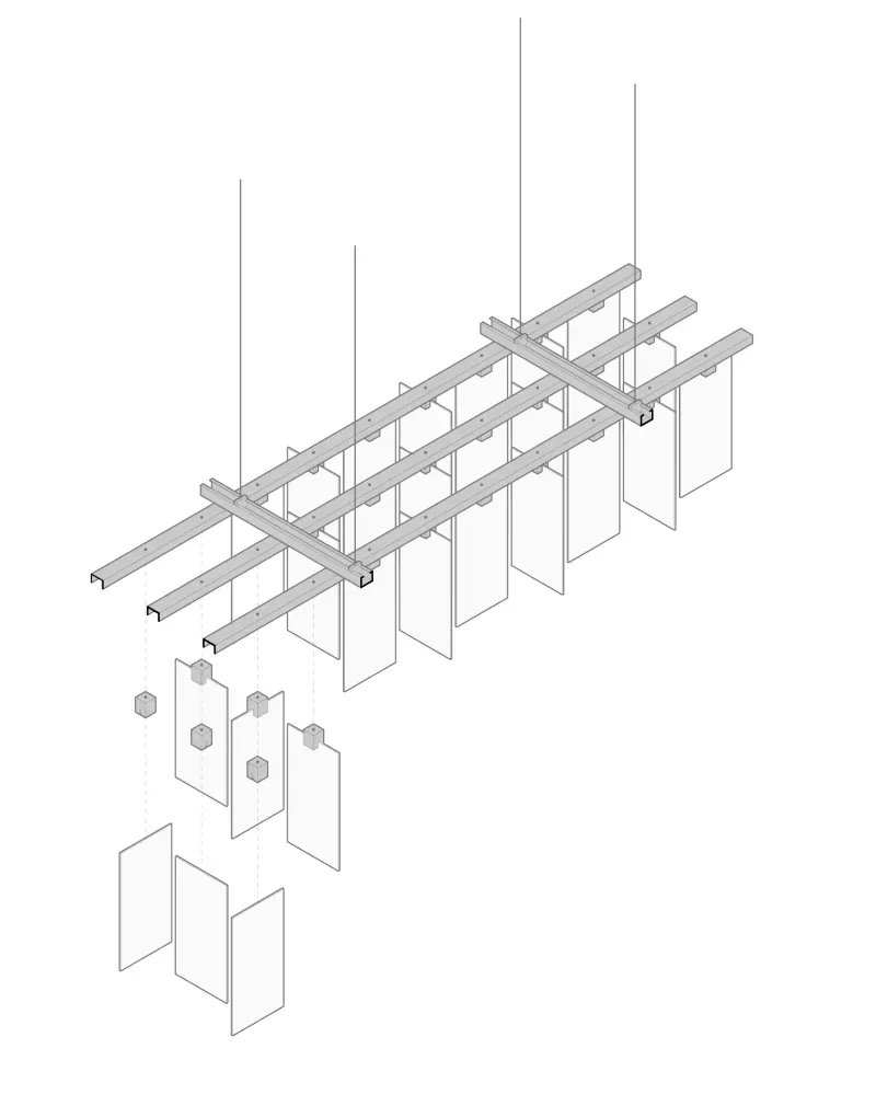 Axonometric diagram of the suspended slat ceiling system